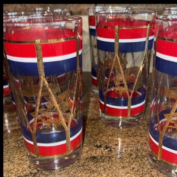 Antique House Art Elegant Gold and Red Drum Design Glass Set of 8 Red White Blue - Picture 14 of 15
